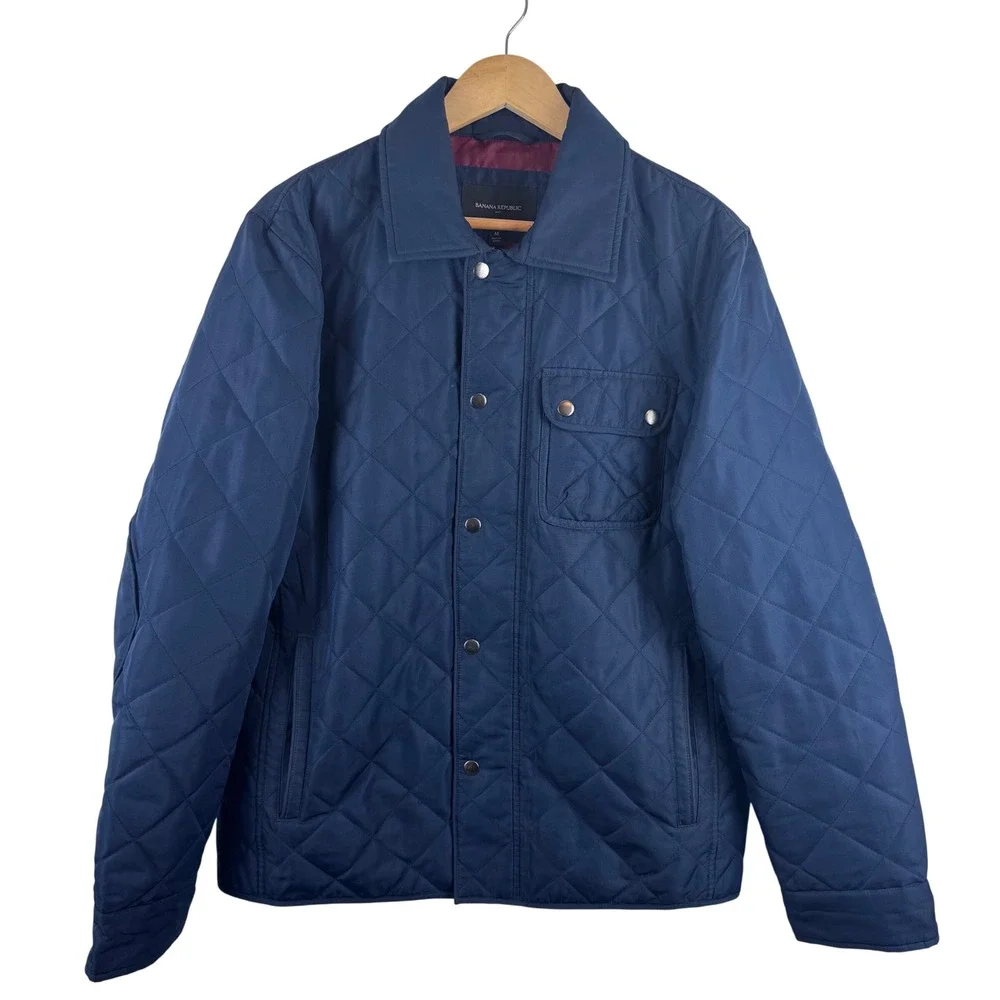Banana Republic Quilted Jacket Mens M Navy Blue Diamond Stitch Barn Coat 987162